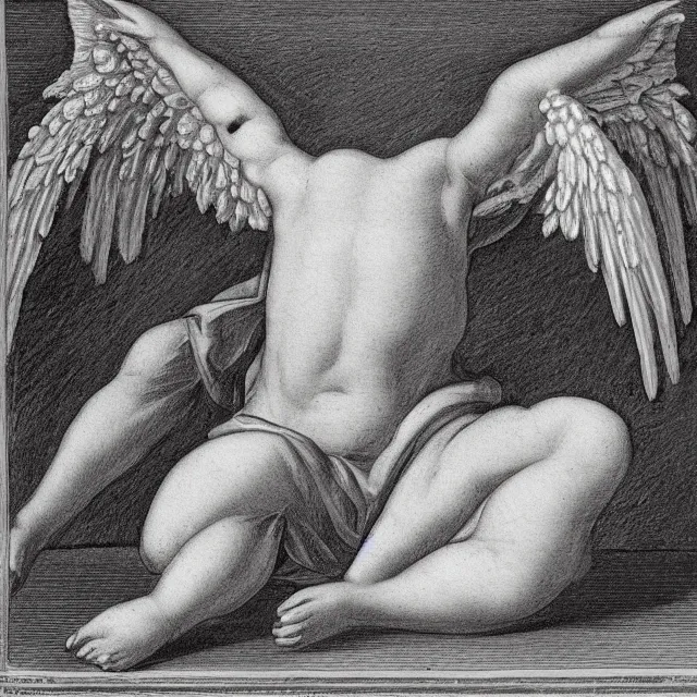 Image similar to autopsy of an angel, 18th century drawing, black and white, concept art