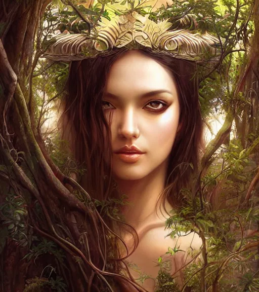 Image similar to ancient goddess, lush forest, portrait by artgerm, digital art by karol bak