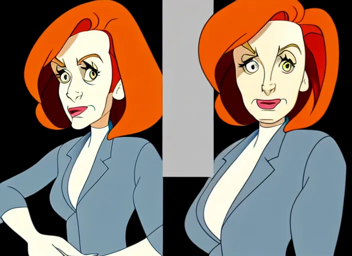 Image similar to a shaded animation cel of dana scully, realistic anatomy, in the style of don bluth, disney, dreamworks animation, filmation, toei animation, studio trigger, bruce timm, jack kirby, studio ghibli, 5 k, artstation trending