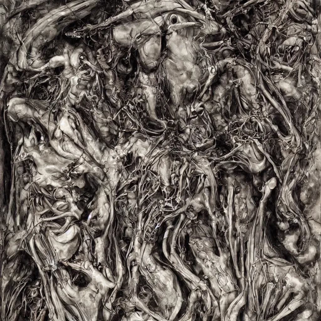 Image similar to realistic shot bloody bones, organs and flesh, biomechanical technology, natural light, by h r giger