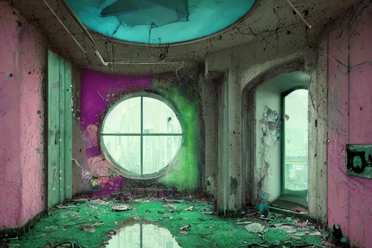 Image similar to abandoned 9 0 s apartment interior with circular organic windows, rain like a dream, oil painting, cinematic, surreal, overgrown, dramatic, soft volumetric lighting, cyberpunk, basquiat + moebius + francis bacon + gustav klimt + beeple, elevated street art, fantasy lut, textural, pink, blue, purple, green,