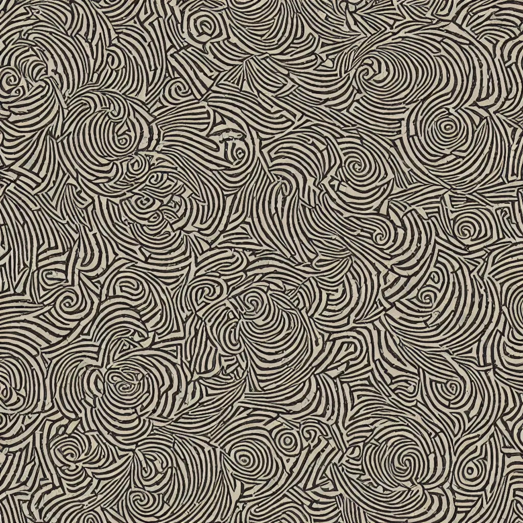 Prompt: optical illusion woodblock print, fractalized crystals stamp pattern