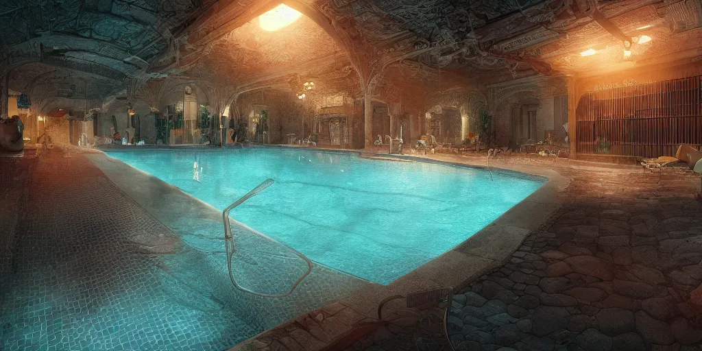 Prompt: Intricate detailed illustration, Swimming pool completely full of baked beans, cinematic lighting, by Philip Hood, wide angle, volumetric light scattering, 8k, artstation, concept art,