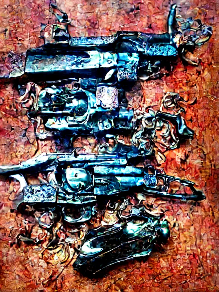 Image similar to carving of machine guns shotguns rifles revolvers bullets, dark vintage paperback cover, ultra-realistic, intricate fluid details, 4k