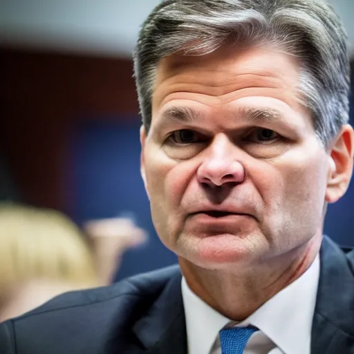 Image similar to fbi director Christopher wray getting scolded by a judge, photo 85mm, f/1.3