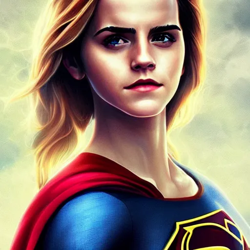 Prompt: emma watson as supergirl, realistic, intricate, elegant, art by artgerm and wlop