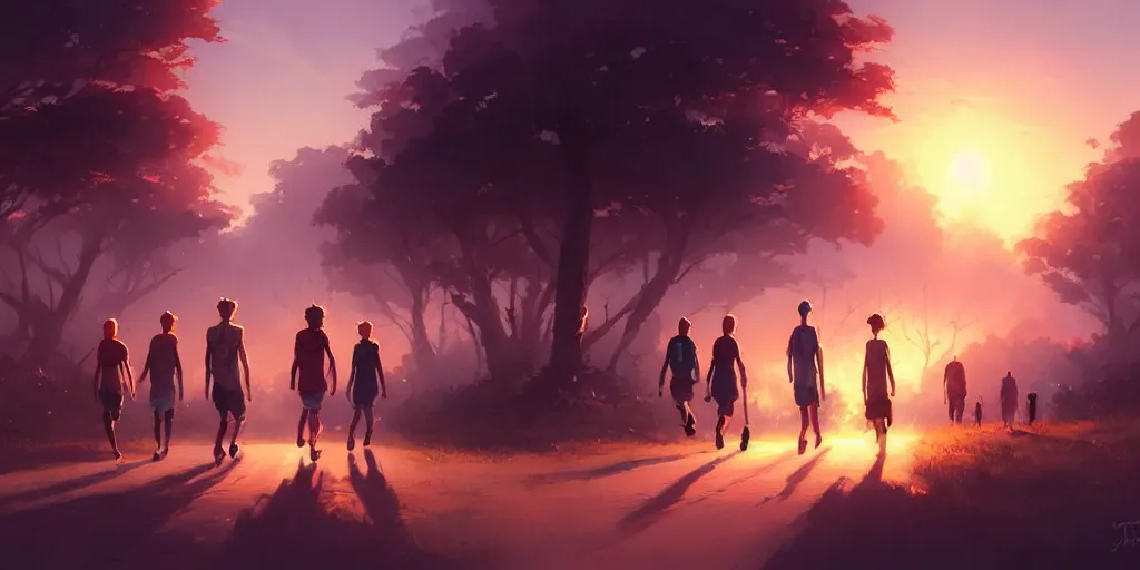 Prompt: a group of close friends walking down the road at sunset, nostalgic, details, sharp focus, illustration, by jordan grimmer and greg rutkowski, trending artstation, pixiv, digital art