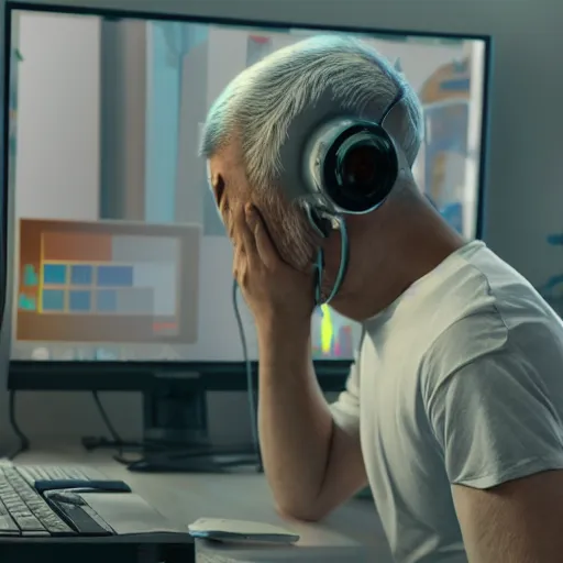 Prompt: A man yells at his computer out of fear due to his anxiety about the current development of AI-generated graphics and the possibility of imminent job loss.