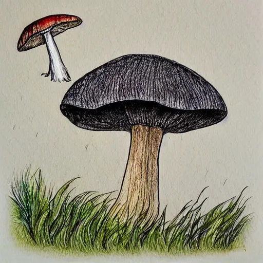 Prompt: fly armanita mushroom, forest, pen and ink drawing, drawn by hand, cozy, natural colors, textured paper
