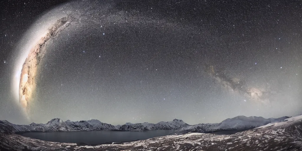 Image similar to Galactic arch, snowy mountains and lakes, in the style of National Geographic magazine, astronomical photography