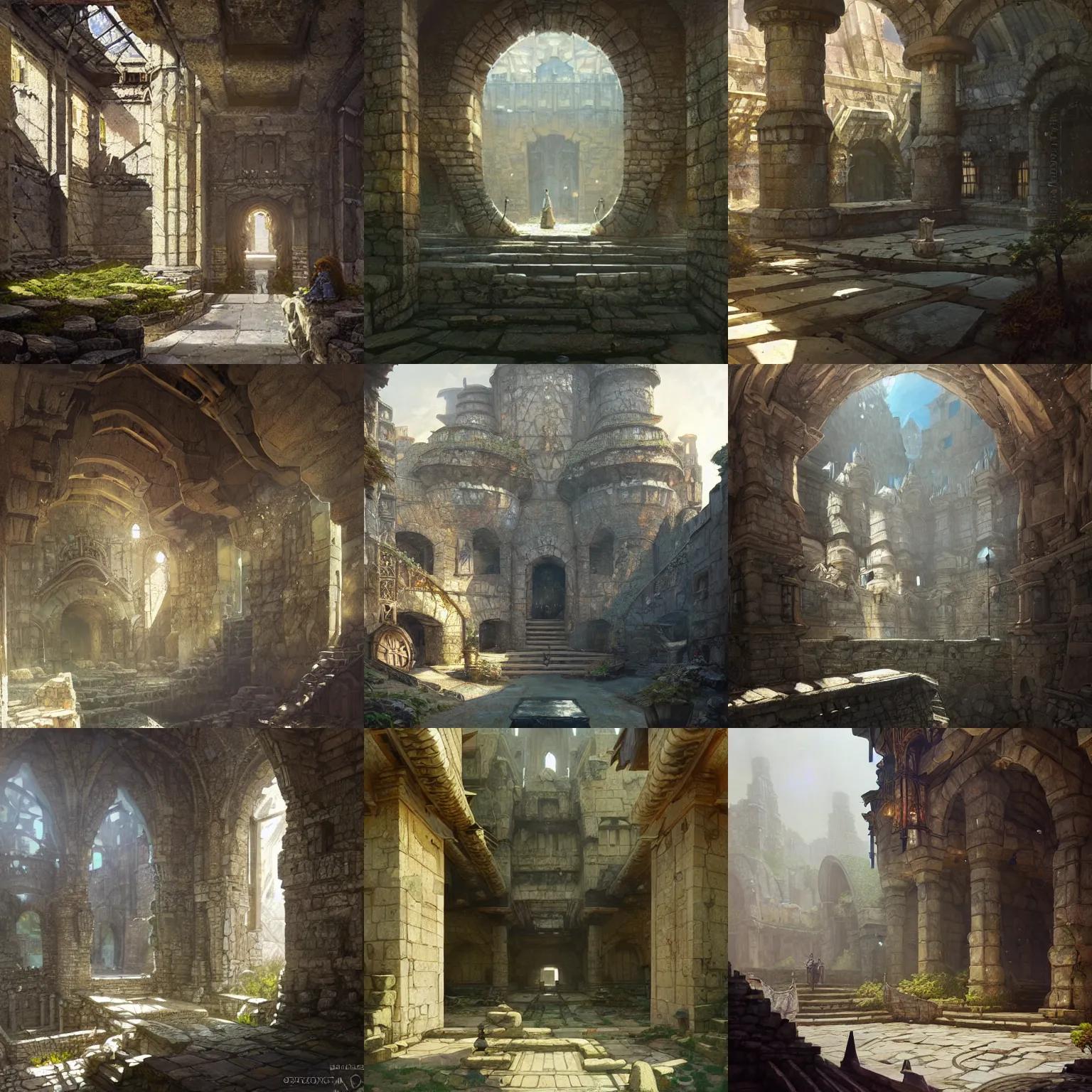 Prompt: a wide courtyard in an abandoned dwarven fortress made of stone, underground, lustrous minerals, a fantasy digital painting, artstation, concept art, sharp focus, illustration, art by greg rutkowski and alphonse mucha