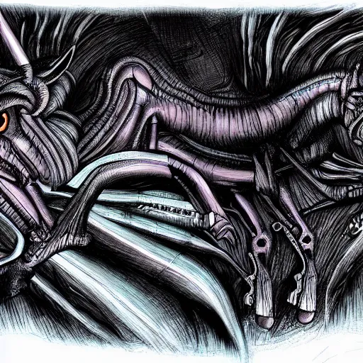 Image similar to detailed illustration of my little pony in the style of h r giger and wayne barlowe