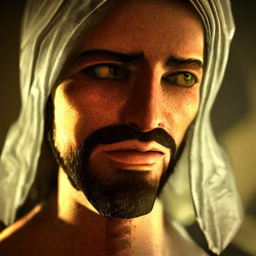 Prompt: a videogame still of Jesus in Dante\'s Inferno, portrait, 40mm lens, shallow depth of field, close up, split lighting, cinematic