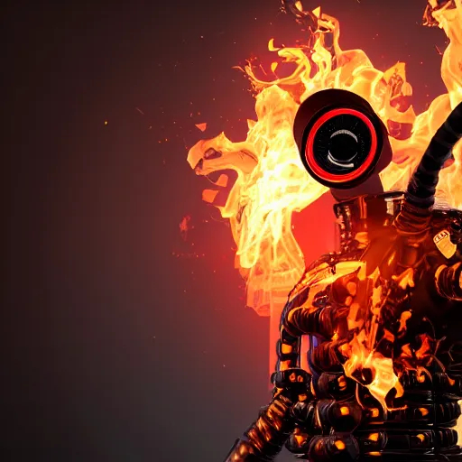 Image similar to An album cover, fire, mask, stethoscope, 3d render, robot, unreal engine, portrait