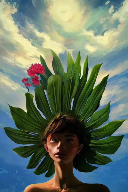 Image similar to closeup, girl with giant flower head, monsteras overhead, surreal photography, wind and cold, dramatic sky, impressionist painting, digital painting, artstation, simon stalenhag