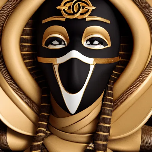 Image similar to portrait of masked dune dynasty with chanel clothes, white background, chanel logo, 8 k, symmetrical, 3 d render, octane render, insane details