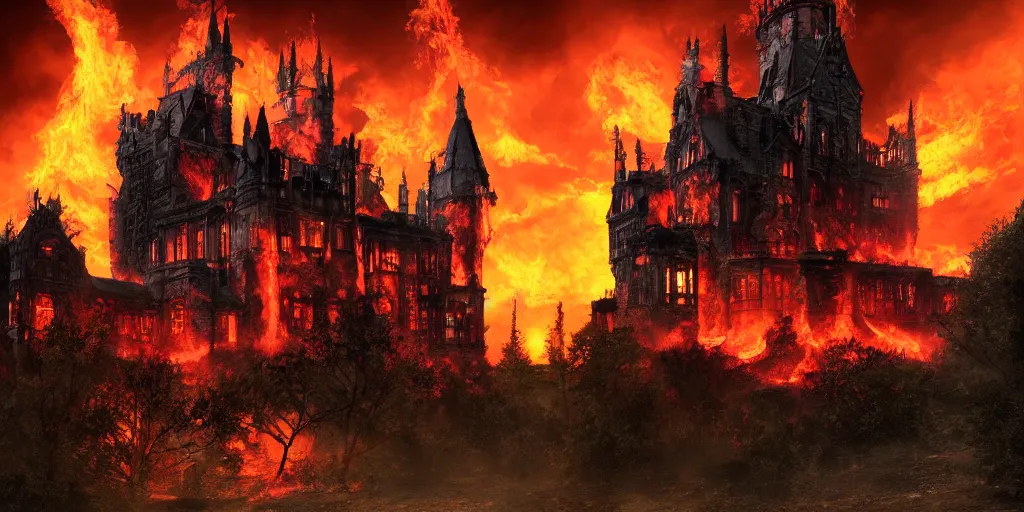 Image similar to A gothic castle covered in fire, rising smoke, dark fantasy, nighttime, detailed crimson moon, hyper realistic, trending on artstation