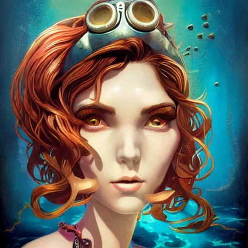 Prompt: lofi underwater bioshock portrait of mermaid, Pixar style, by Tristan Eaton Stanley Artgerm and Tom Bagshaw.