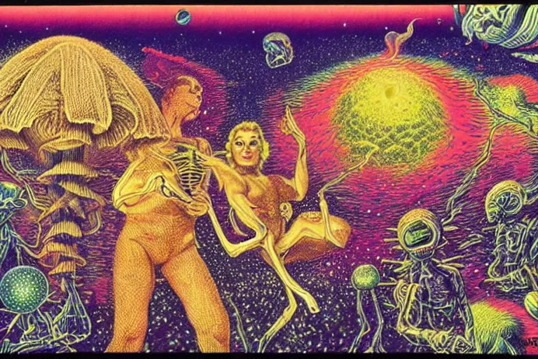 Image similar to how magic mushrooms can take us to the farthest reaches of inner space, painting by virgil finlay and kelly freas