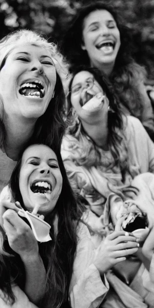 Prompt: 35mm photograph of women laughing with salad