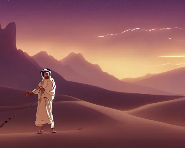 Image similar to an arab playing oud in the desert with a storm, makoto shinkai, loish, studio ghibli