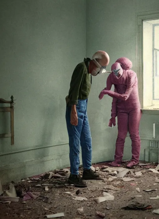 Prompt: two frail, skinny old people wearing denim overalls and gas masks, inside an abandoned room # # # hospital bed # # #, depth of field, hauntingly surreal, by francis bacon, edward hopper, adrian ghenie, glenn brown, soft light 4 k, green and pink colour palette, cinematic composition, cinematic lighting, high quality octane render, masterpiece