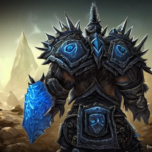 Prompt: world of warcraft orc warrior viewed from the back in spiky epic full plate armor standing in front of a vast icy land and dark icy mounatins in the background, extreely detailed, wow, cinematic, unreal engine 5, artistic, movie poster, world of warcraft cinematics style, only dark contrasting colours, colours ranging of blue white and black