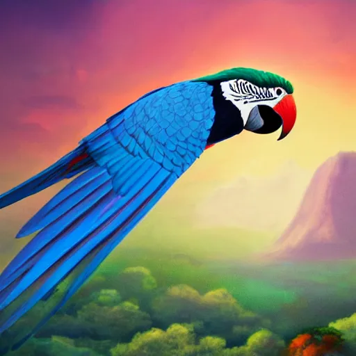 Image similar to gorgeous macaws flying at dawn through the forest get hit by beautiful light, jungle mountains in the background, sentient bird, highly detailed, ethereal macaw, heavenly lighting, digital art, trending on art station, very detailed birds