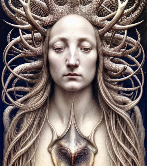 Image similar to detailed realistic beautiful antler goddess face portrait by jean delville, gustave dore, iris van herpen and marco mazzoni, art forms of nature by ernst haeckel, art nouveau, symbolist, visionary, gothic, neo - gothic, pre - raphaelite, fractal lace, intricate alien botanicals, biodiversity, surreality, hyperdetailed ultrasharp octane render