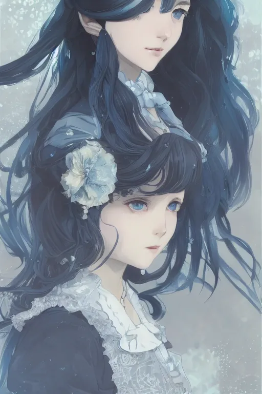 Image similar to a character design of young black lolita dressed girl, grey and blue theme, wavy white long hair by krenz cushart and mucha and akihito yoshida and makoto shinkai and greg rutkowski, detailed eyes, 4 k resolution