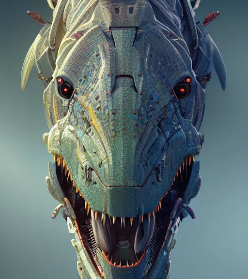 Image similar to symmetry!! portrait of a hybrid robot dinosaur, floral! horizon zero dawn machine, intricate, elegant, highly detailed, ray tracing, digital painting, artstation, concept art, smooth, sharp focus, illustration, art by artgerm and greg rutkowski and alphonse mucha, 8 k