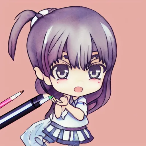 Prompt: beautiful water color concept art of cute nendoroid girl in the style of line art, inc and pen, toon rendering, close-up, flat, lacking in three-dimensionality, flat tone