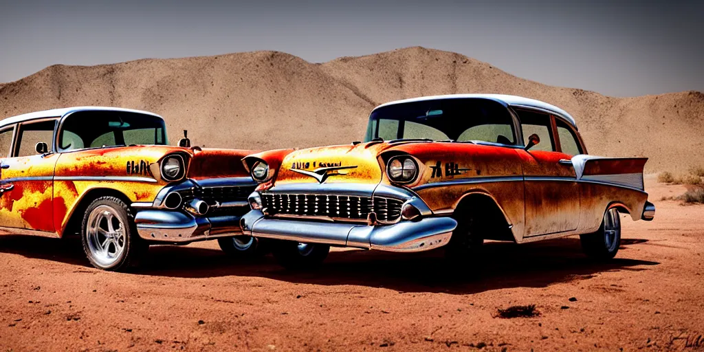 Prompt: rusty 1957 Chevrolet Bel Air, off-road, lifted, 4x4, K10, trophy truck, cinematic, Maxxis, 8k, depth of field, mexican desert, bokeh, DAKAR.