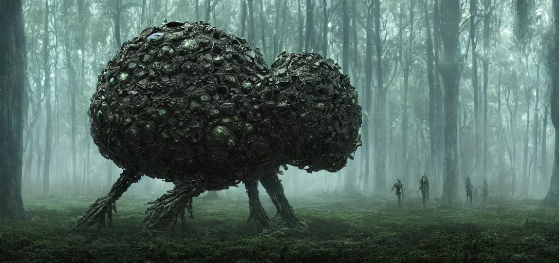 Image similar to a complex organic fractal 3 d metallic symbiotic ceramic humanoid megastructure creature in a swampy lush forest, foggy, cinematic shot, photo still from movie by denis villeneuve, wayne barlowe