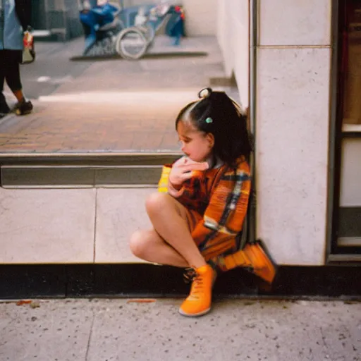 Image similar to kodak portra 8 0 0, film grain, ricoh, street photography, manhattan corner shop, girl portrait, tongue out, youth, evening light,