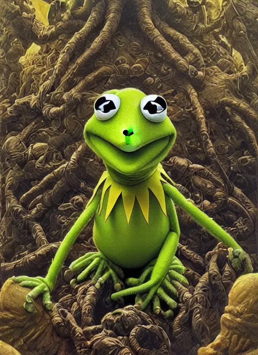 Prompt: portrait of Kermit the frog in The Thing (1982), intricate, highly detailed, centered, studio background, digital painting, artstation, concept art, smooth, sharp focus, illustration, artgerm, donato giancola, Joseph Christian Leyendecker, WLOP, Artgerm