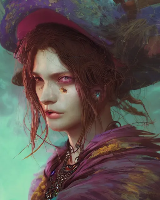 Image similar to portrait of a village witch, beautiful, fantasy, colorful, cinematic lighting, artstation, trending, highly detailed, focus, smooth, by hirohiko araki and yoshitaka amano