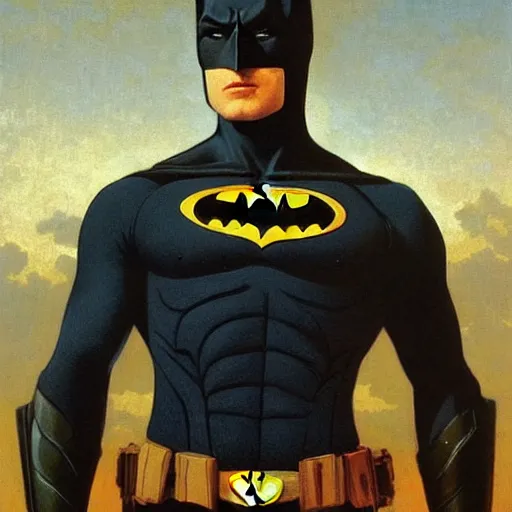 Prompt: Painting of Batman. Art by william adolphe bouguereau. During golden hour. Extremely detailed. Beautiful. 4K. Award winning.