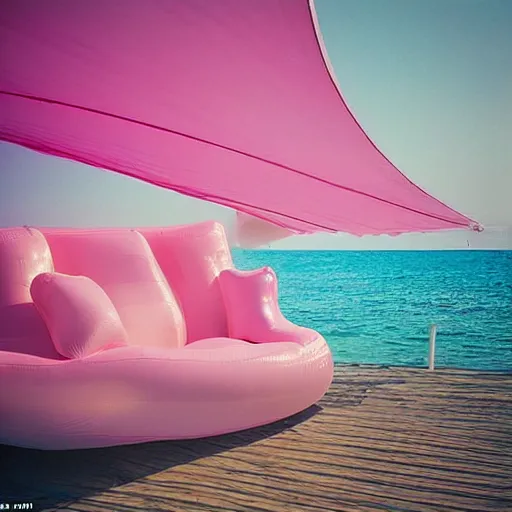 Image similar to a pastel colour high fidelity wide angle Polaroid art photo from a holiday album at a seaside of a large pink ship with abstract inflatable parachute furniture, all objects made of transparent iridescent Perspex and metallic silver, a grid of sun beds iridescence, nostalgic