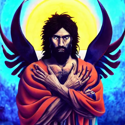 Prompt: 4K headshot portrait of godlike Pimp of Nazareth with defined arms and open hands and bloody clothes with giant mandala wings , intricate face , flawless anime cel animation by Kentaro Miura, psychedelic , highly detailed upper body , professionally post-processed , beautiful, scary, symmetry accurate features, epic, octane rendered, anime masterpiece, accurate by Craig Mullins, ilya kuvshinov, krenz cushart, epic , artgerm trending on artstation by Edward Hopper and Dan Mumford and WLOP and Rutkovsky, beksinski carl spitzweg moebius and tuomas kocar, intricate artwork by caravaggio, Unreal Engine 5, Lumen, Nanite