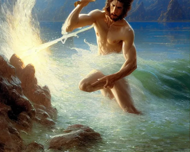 Image similar to attractive male wizard casting powerful wave water spell in a beautiful lake. highly detailed painting by gaston bussiere, craig mullins, j. c. leyendecker 8 k