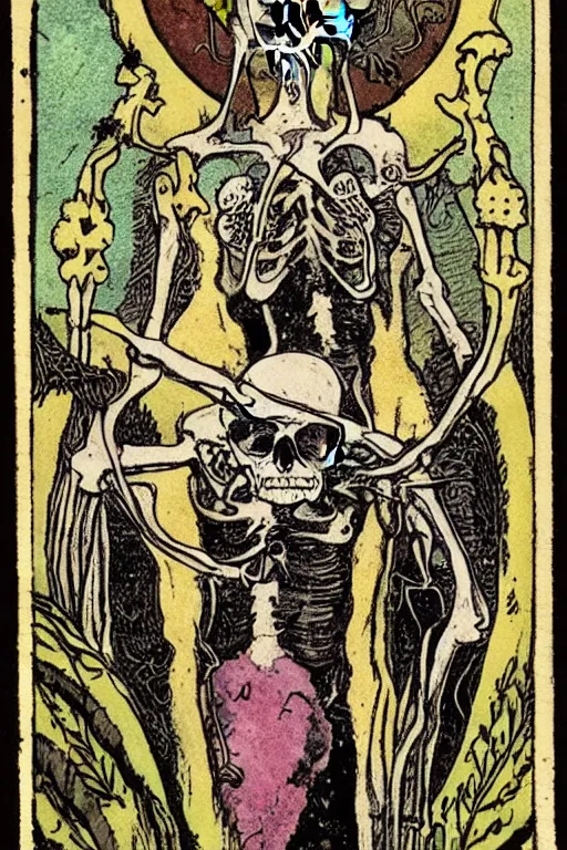 Image similar to tarot card of several skulls and bones with a young woman wearing a long dress stuck in the middle