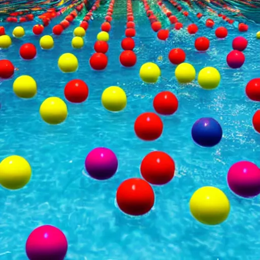 Prompt: a swimming pool overflowing with coloured balls