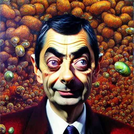 Image similar to uhd photorealistic portrait of mr. bean made of beans, by ayami kojima, yoshitaka amano, esao andrews, karol bak, mark brooks, tonalism, rich deep colors. beksinski painting, art by adrian ghenie and gerhard richter. art by takato yamamoto. masterpiece