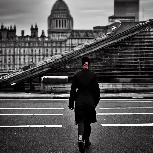 Image similar to a Photograph from the dystopian future of a British male in the year 2045 after ‘the event’ has taken place. Photorealistic, vivid, terrifying, somber, upsetting, 35mm, sharp focus, very very brutal, British architecture in the background, moody lighting 8k people don’t want to be outside anymore