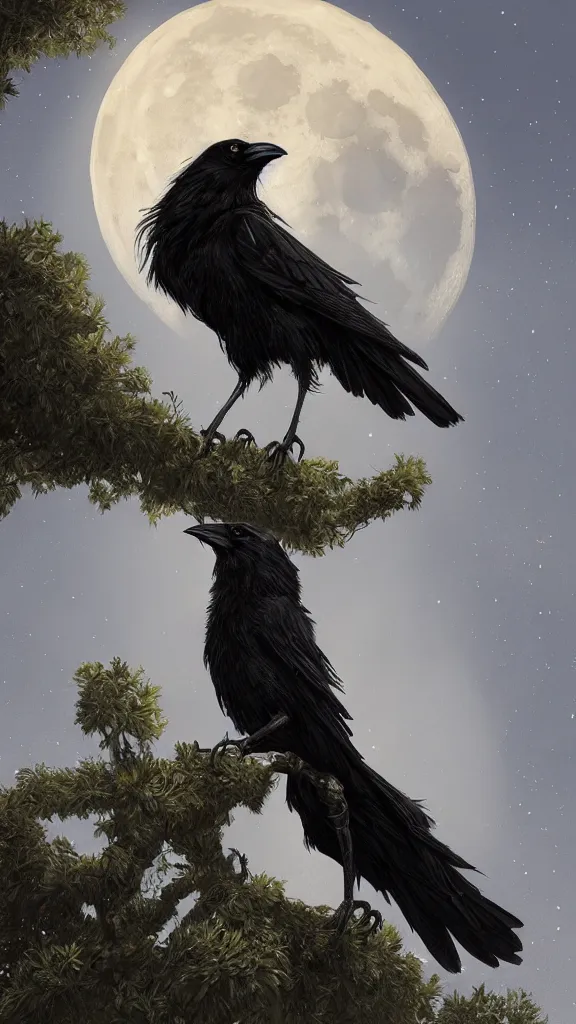 Image similar to crow on tree in front of the full big moon, highly detailed, digital painting, artstation, concept art, smooth, sharp focus, illustration, Unreal Engine 5, 8K, art by artgerm and greg rutkowski and alphonse mucha