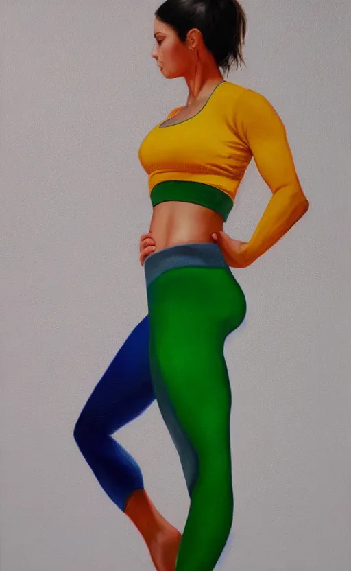 Prompt: beautiful detailed photorealistic painting of a woman with a wide stance in yoga pants. vibrant, high quality, vibrant colors, very funny, beautiful, hq. hd. 4 k. award winning. trending on artstation