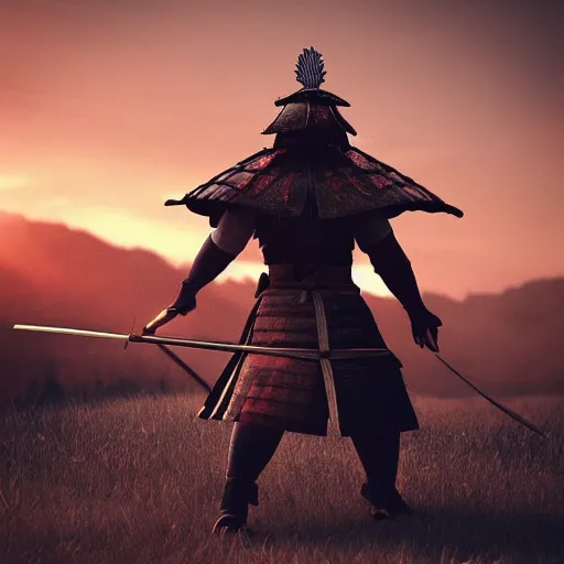 Prompt: “high quality photorealistic concept art of samurai wars in landscape , cinematic angle, golden hour, horizon, super detail, octane render”