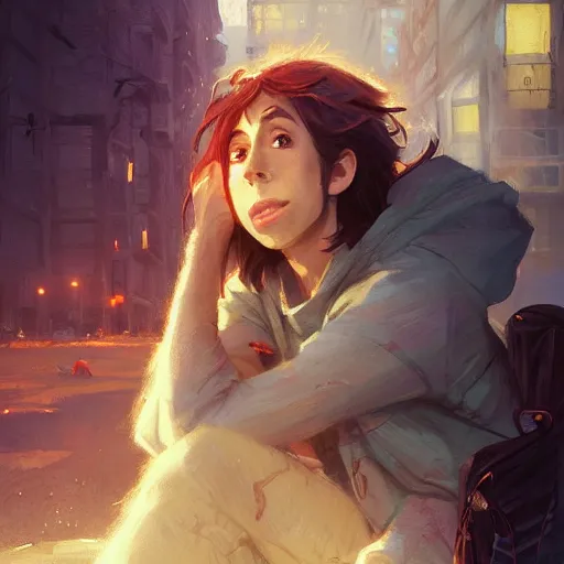 Prompt: Highly detailed full-body portrait of homeless Cristin Milioti, beautiful, fantasy art by Greg Rutkowski, Rhads, Makoto Shinkai and Lois van baarle, ilya kuvshinov, rossdraws global illumination, radiant light, detailed and intricate environment