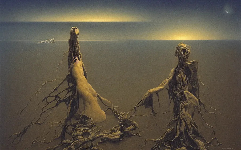 Prompt: mummified outer god along the shore of a wine dark ocean alien stars in the sky, award winning oil painting by zdzisław beksiński, midnight color palette